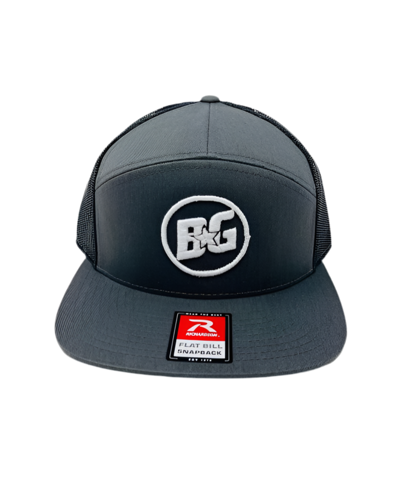 SnapBack Flat Bill 7 Panel Hat Charcoal BG Cornhole