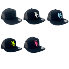 Load image into Gallery viewer, Black Trucker Flat Bill Hat - Colored Embroidery - YUPOONG