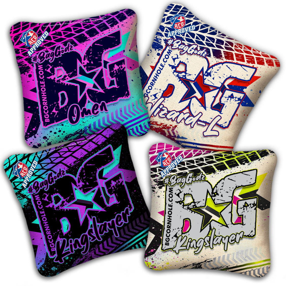 2027 ACO - BG Multiple Bag Models "GRUNGE TRACKS" - Pro Stamped Cornhole Bags - SET OF 4 BAGS