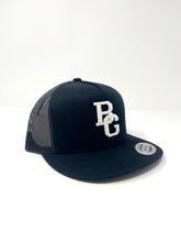 Load image into Gallery viewer, Black Trucker Flat Bill Hat - Colored Embroidery - YUPOONG