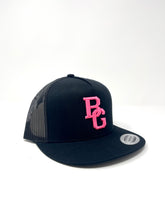 Load image into Gallery viewer, Black Trucker Flat Bill Hat - Colored Embroidery - YUPOONG