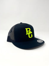 Load image into Gallery viewer, Black Trucker Flat Bill Hat - Colored Embroidery - YUPOONG