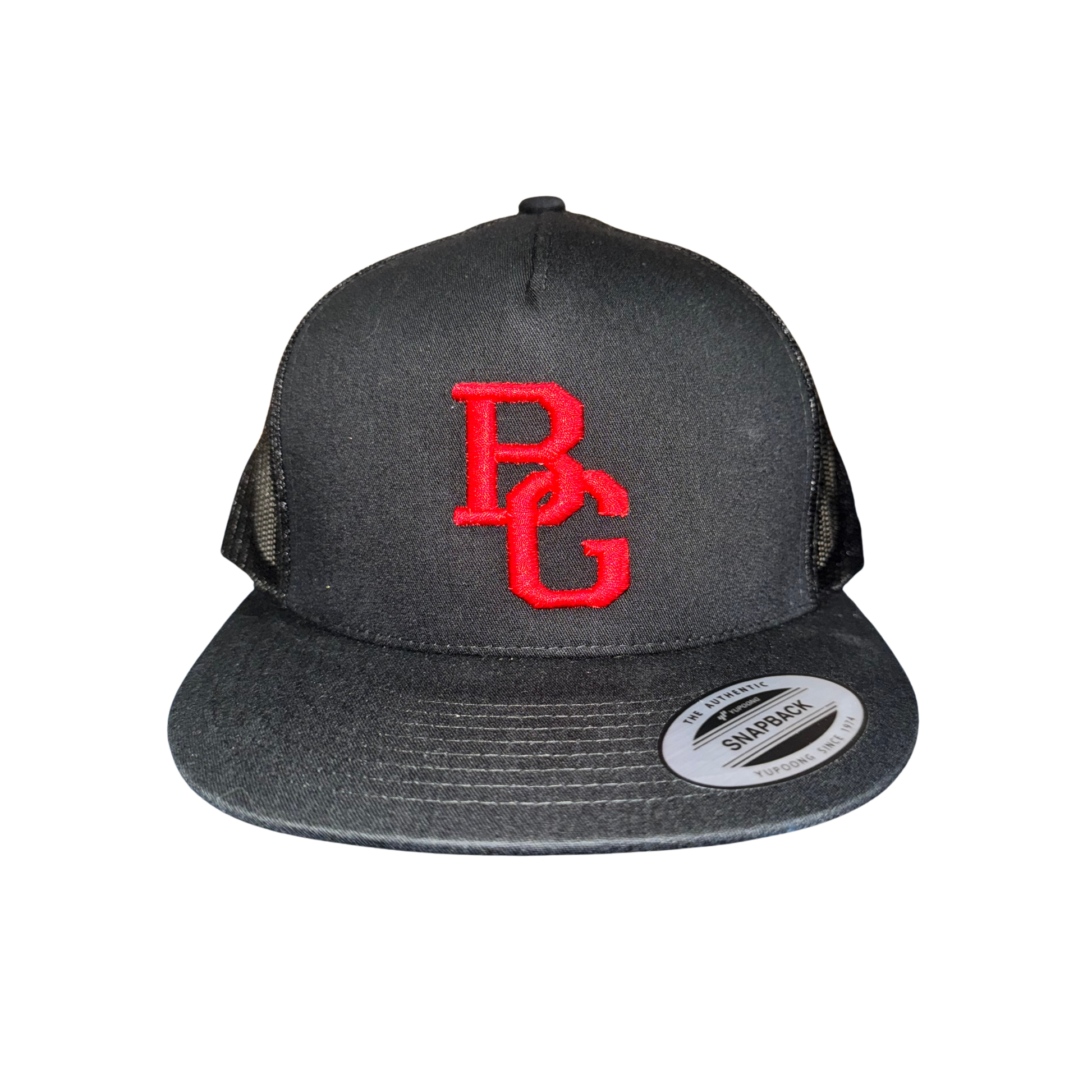 Black Trucker Flat Bill Hat - Colored Embroidery - YUPOONG